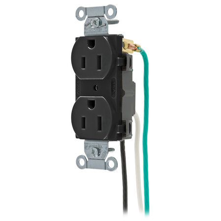 HUBBELL WIRING DEVICE-KELLEMS Straight Blade Devices, Receptacles, Duplex, Commercial Grade, 2-Pole 3-Wire Grounding, 15A 125V, 5-15R, Black, Single Pack, With 8" Solid Leads. CR15BLKP1